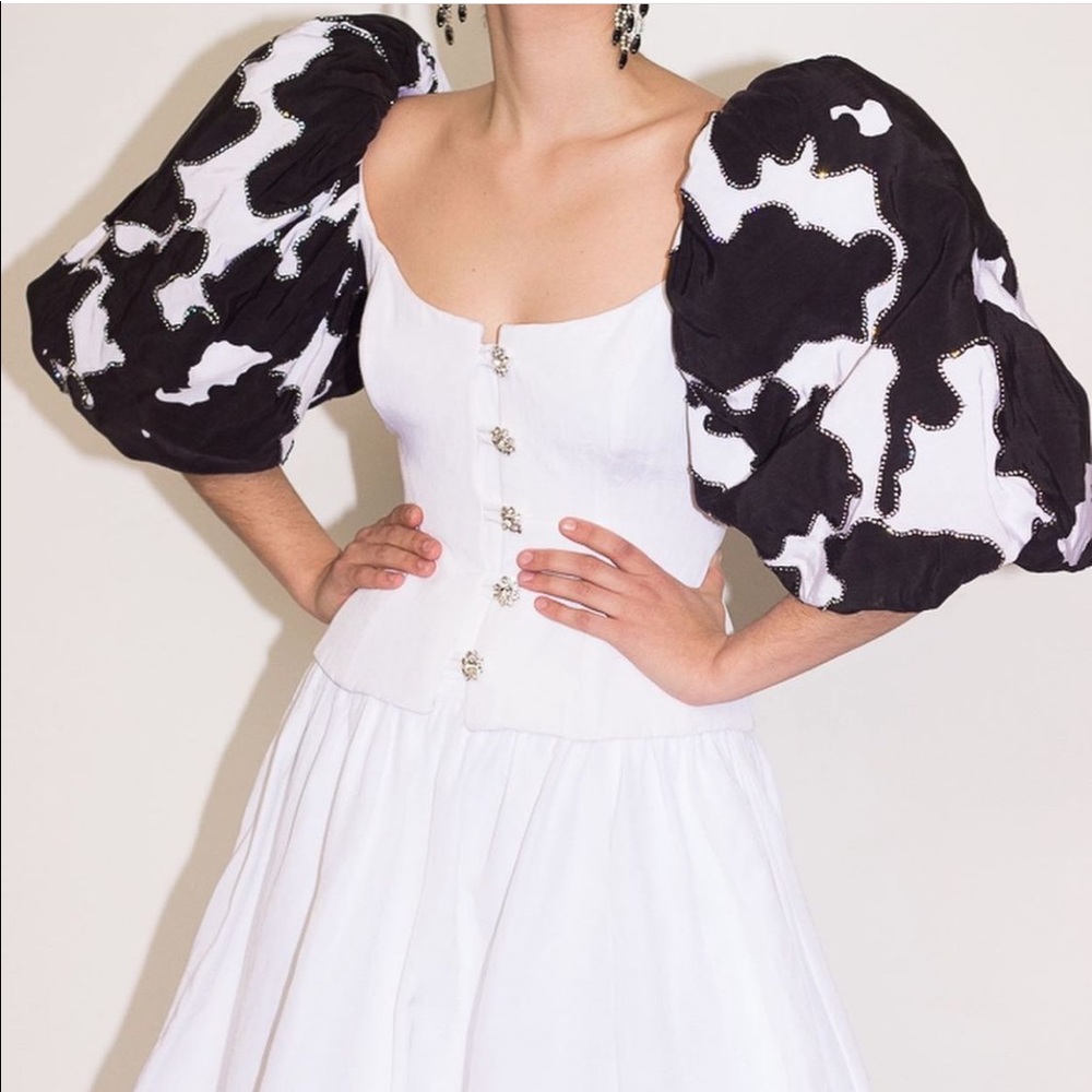 1980s Moiré Black and White Puff Sleeve Evening Ensemble